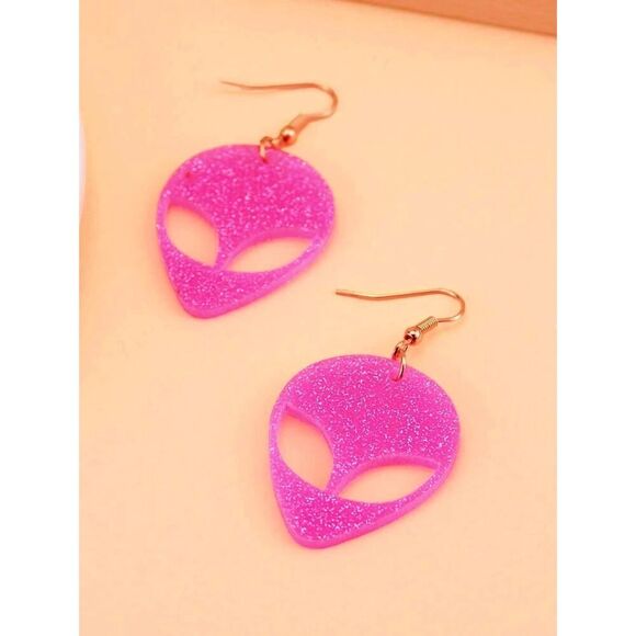 Pink Sparkly Alien‎ Acrylic Earrings - Picture 3 of 7